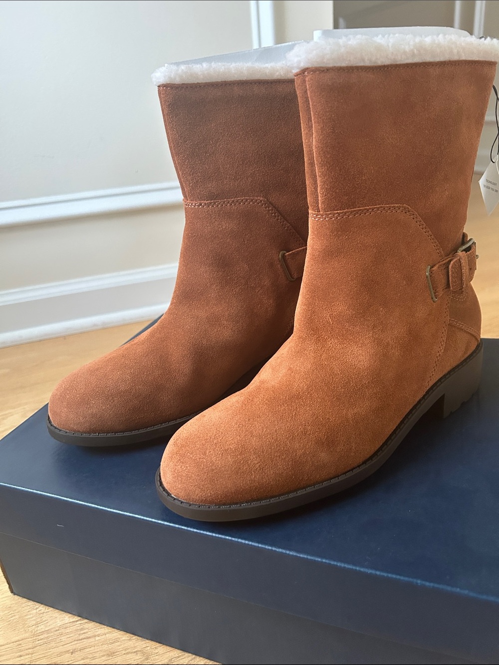 Cole Haan Rust Suede Mid-Calf Shearling-Trim Boots